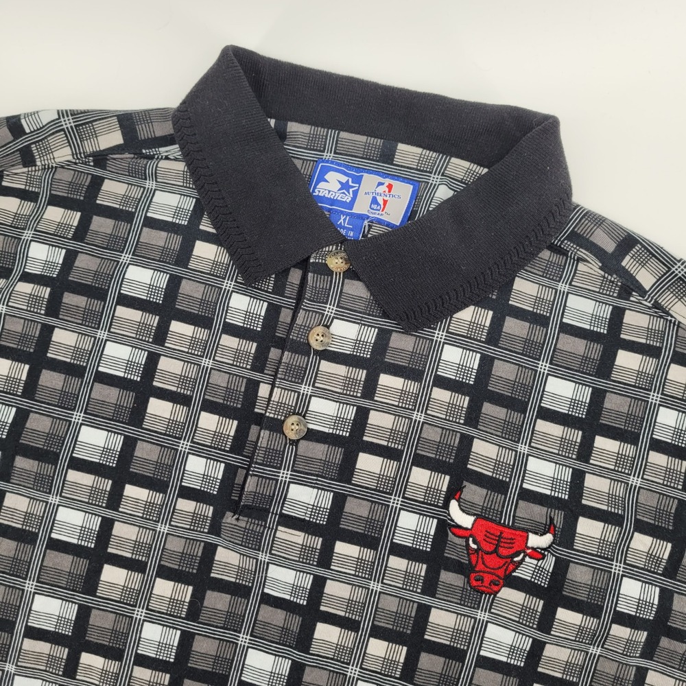 Starter Chicago Bulls Polo XL Black Gray Plaid NBA Authentics Mens Shirt Vintage